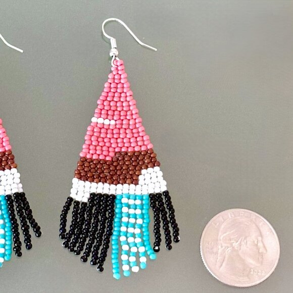 3 1/4"L Contemporary Modern Color Block Seed Bead Hand Beaded Dangle Earrings - Picture 3 of 3
